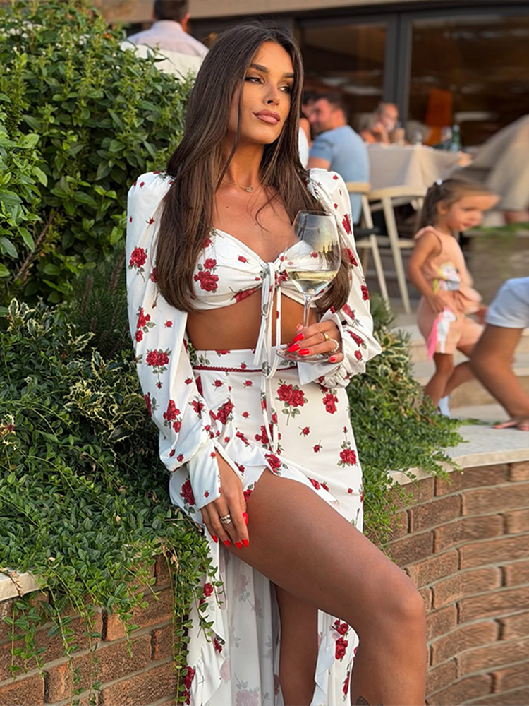 Ensemble jupe et haut imprimé sexy pour femme, haut ajusté à manches longues et col en V avec lacets, jupe longue fendue à volants, mode été 2026