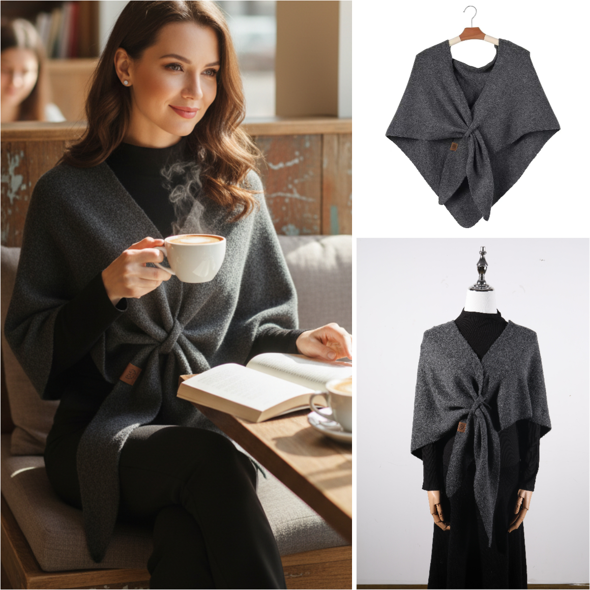 Châle triangulaire tricoté uni, écharpe tendance, cape d'épaule chaude en laine mélangée pour l'automne et l'hiver