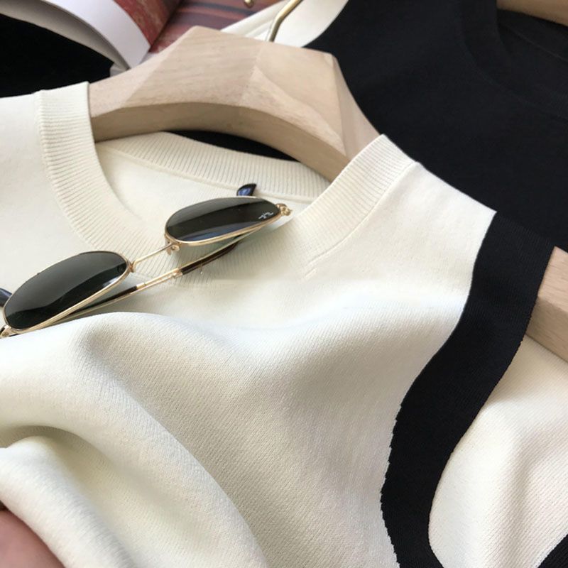 Soie glacée noir blanc contraste sans manches tricoté débardeur sauvage col en V gilet hauts et t-shirts vêtements pour femmes Camis décontractés