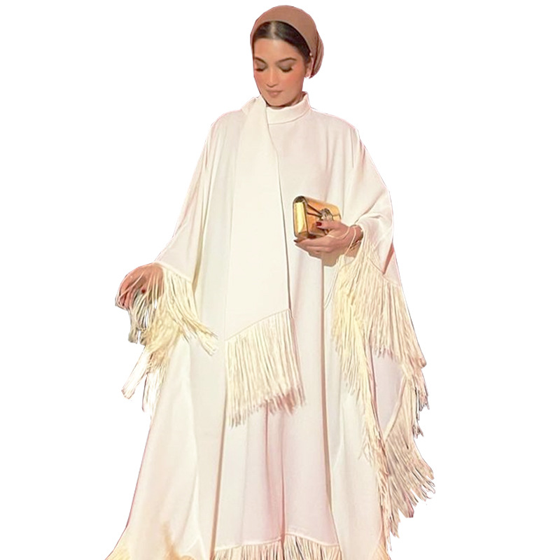 Abaya Kaftan personnalisée pour femme musulmane, à manches chauve-souris et franges, Robe de soirée élégante et modeste, Robe musulmane du Moyen-Orient