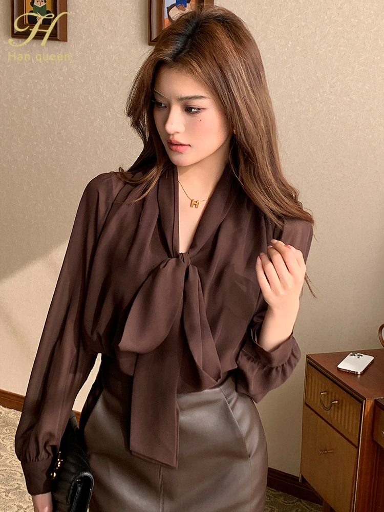 H Han Queen travail décontracté hauts chemisier en mousseline de soie nouveauté chemise femmes Blouse Vintage nœud élégant lâche femmes chemises d'affaires