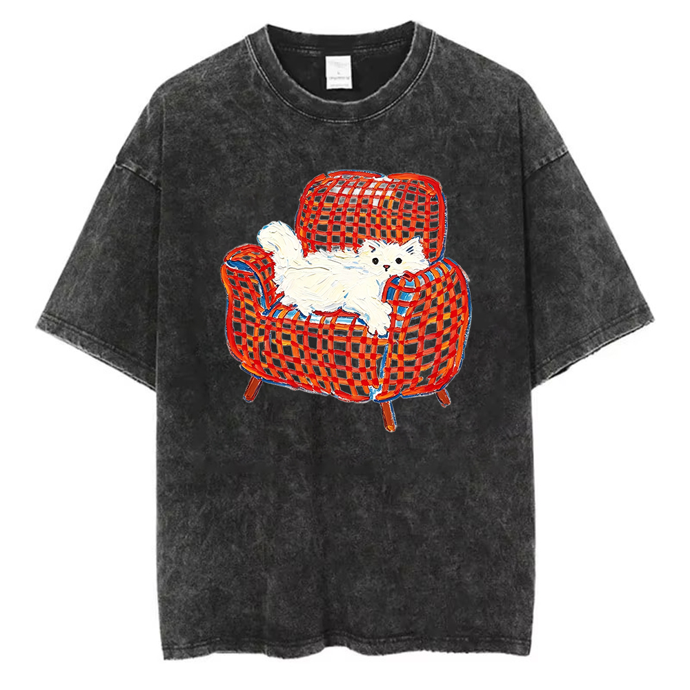 T-shirt délavé à motif chat mignon pour femme, imprimé chaton vintage, coupe oversize, décontracté, manches courtes, été, style Harajuku streetwear