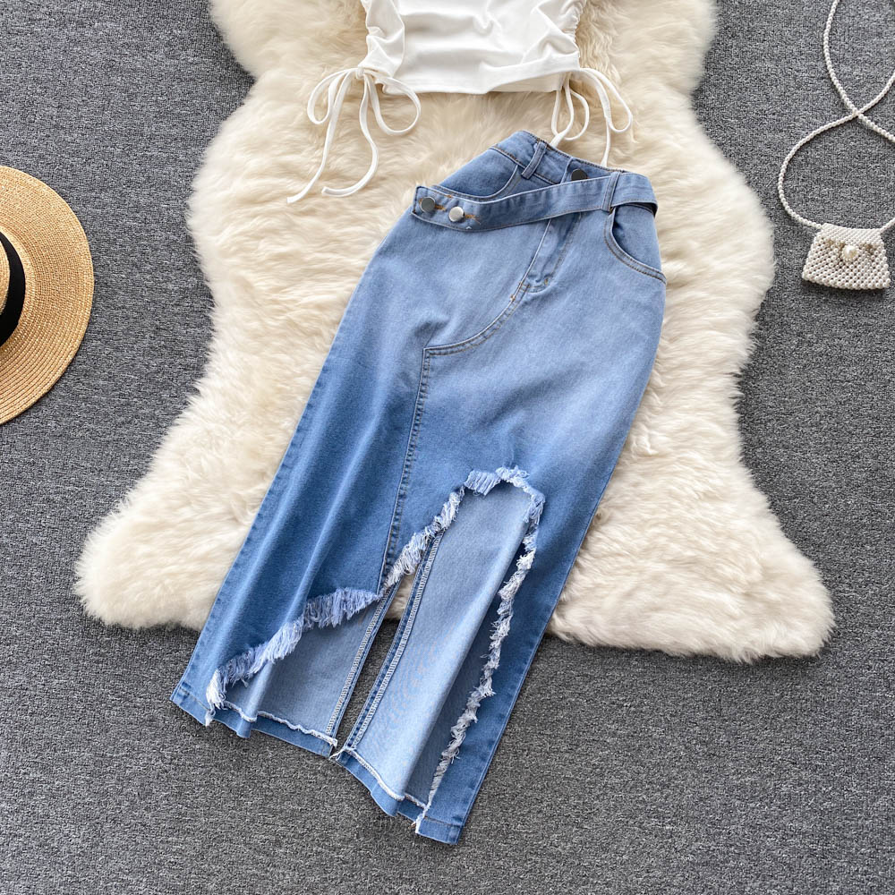 Ensemble Demi-Jupe en Denim pour Femme, Sexy, One Initiated Proximity, Wstring Top, Slim Gla+, Irrégulier, Bord Brut, Fente Longue, Été