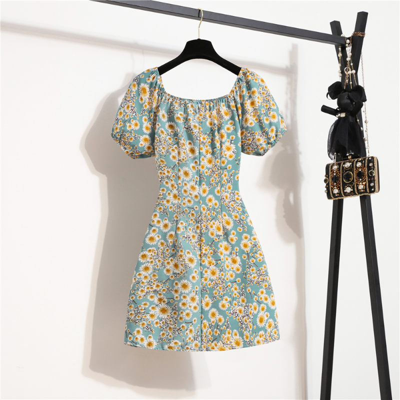 Femmes Mini Robes D'été Mode Femme Robes Imprimé Floral Robes En Mousseline De Soie Fronces Plissée Manches Courtes Bouffantes Robe Décontractée