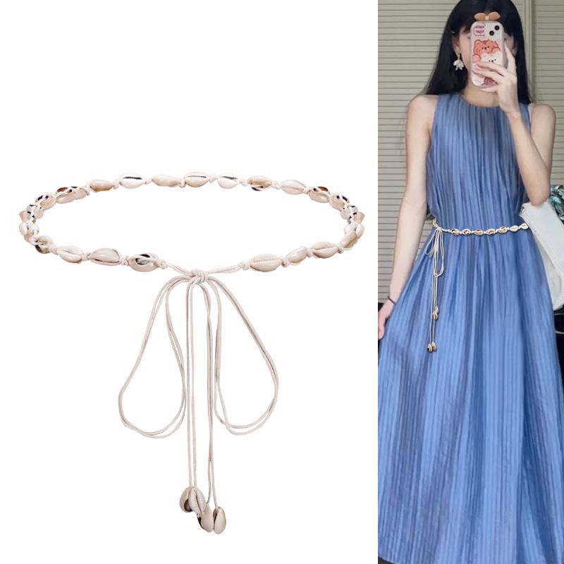 Ceinture fine en coquillage blanc pour femme, style ethnique bohème, ULtissée, sangles décoratives pour robe de dame, accessoire d'été