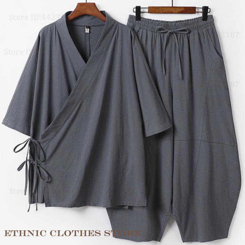 Grande taille 3XL-9XL hommes japonais Kimono Cardigan pantalon ensemble coton lin Yukata Haori samouraï Costume Harajuku veste ample Costume