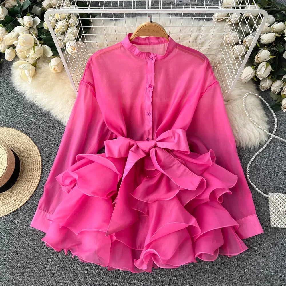 Chemise Longue en Mousseline de Soie pour Femme, Chemisier Élégant, Chic, à Manches sulf, Col Rond, Couleur Unie, Printemps