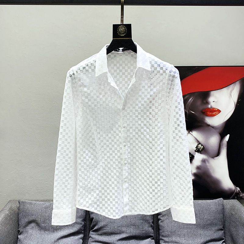 Chemises noires et blanches pour hommes, chemises à manches longues, Design transparent, fine, ajourée, à carreaux, maille fine, dessus respirants, tendance de la mode