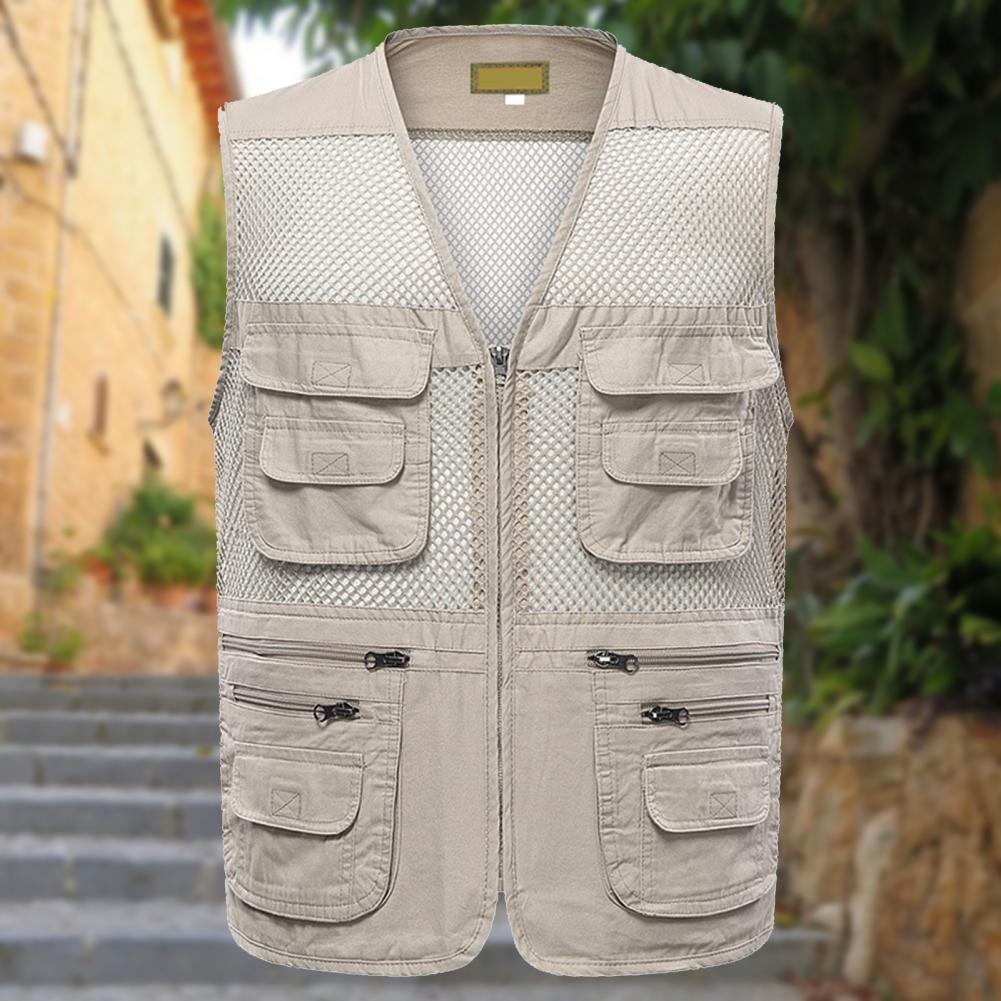 Gilet en maille évidée pour hommes, fermeture à glissière, veste multi-poches pour hommes, gilet léger en fibre, vêtements de travail, été