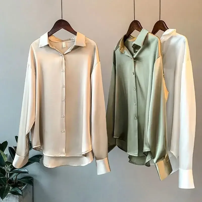 Chemise en soie pour femmes, chemisier Vintage, haut transparent, manches longues, grande taille, surchemise, automne 2022