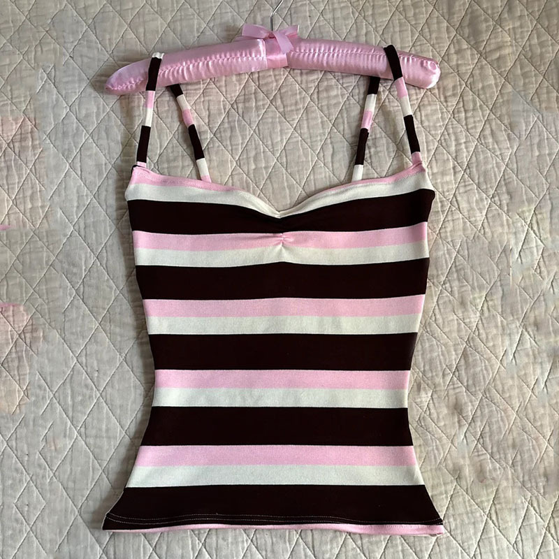 Camisole décontractée classique tendance Y2K, style américain à rayures contrastées, débardeur d'été ajusté, pull Kawaii sexy esthétique Spice Girl