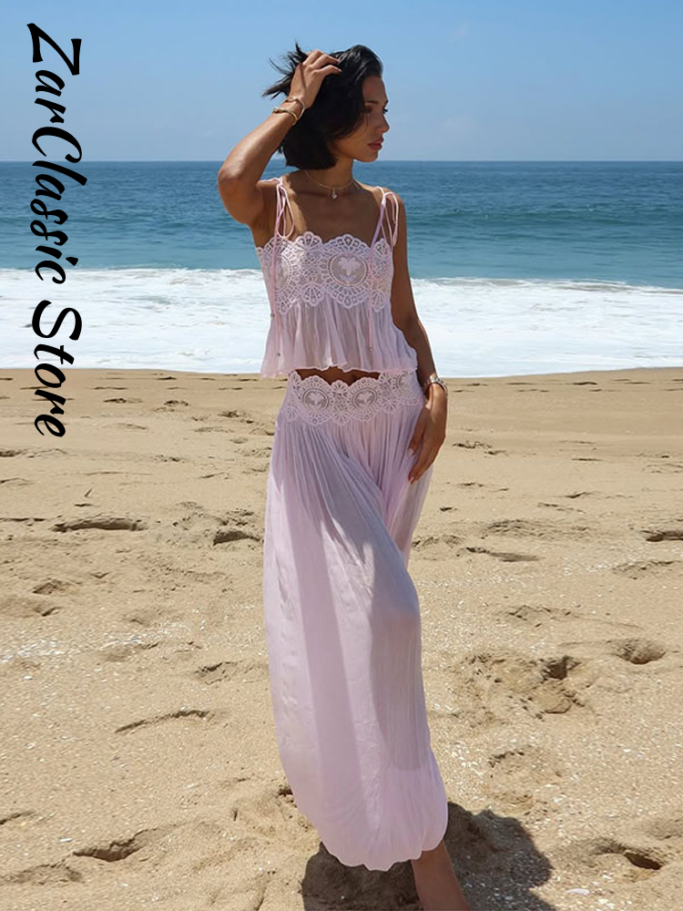 Ensemble femme en dentelle rose plage, débardeur transparent à bretelles et pantalon plissé à jambes larges, tenue décontractée pour les vacances, nouvelle collection
