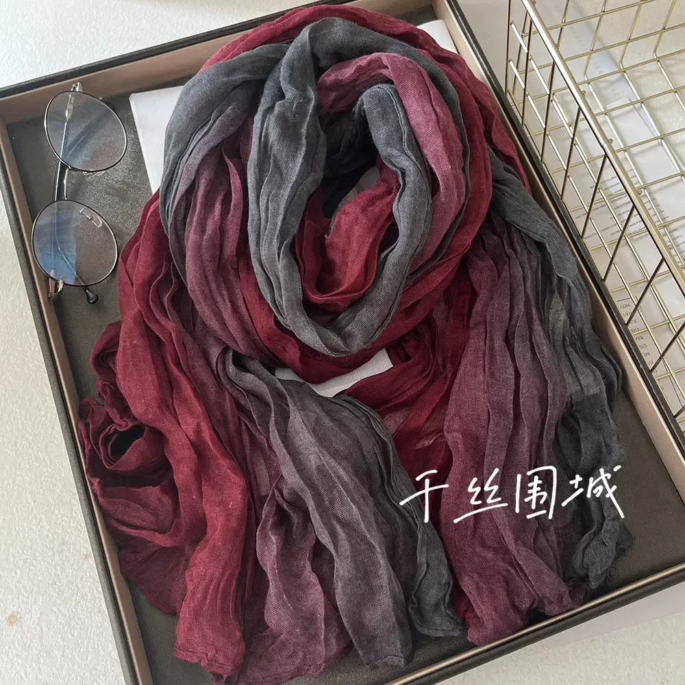 Écharpe en coton et chanvre pour femme, toucher dégradé bleu, rétro, polyvalent, imprimé, Long pli, doux, à la mode, nouvelle collection automne hiver