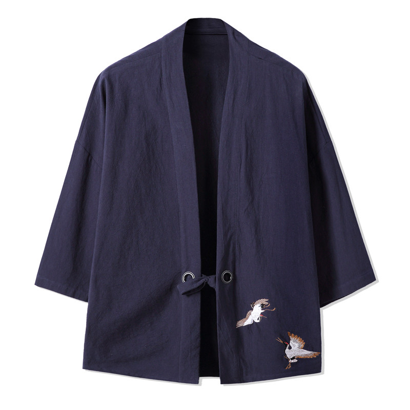 Kimono pour homme avec broderie de grue, style japonais Harajuku, chemise ouverte décontractée, chemise traditionnelle à manches courtes pour homme, coupe ample décontractée
