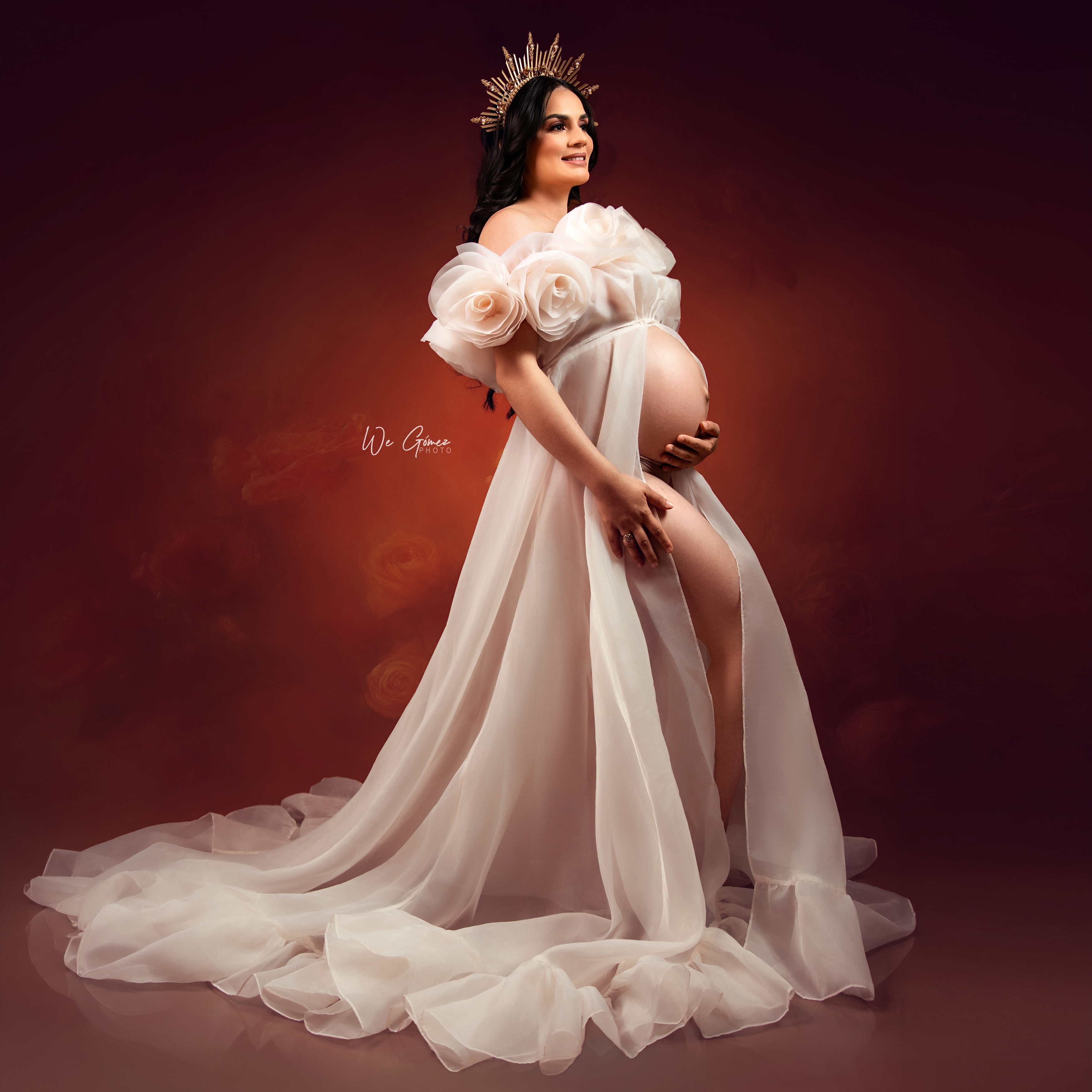 Robe de maternité élégante en organza transparent pour séance photo, robe de grossesse à fleurs 3D roses, épaules dénudées, fente avant