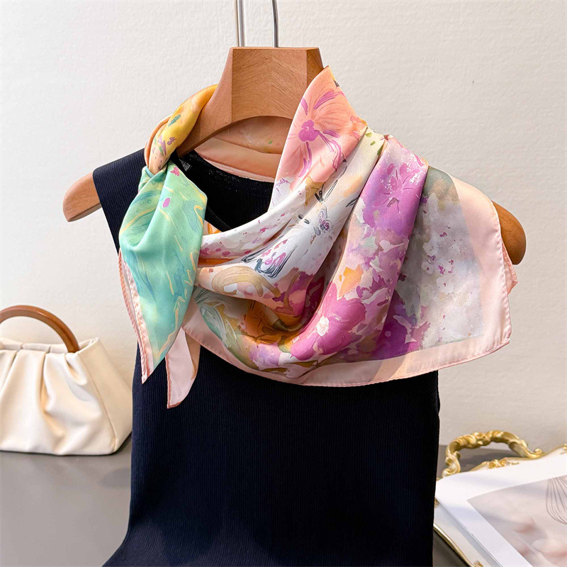 Foulard carré imprimé pour femme, imitation soie, bandanas, hijab floral de luxe, écharpe élégante, châle de plage