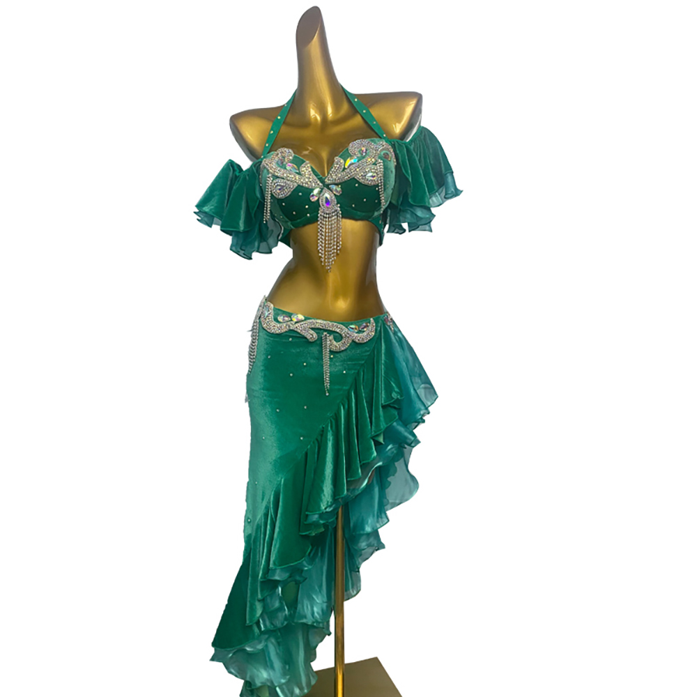 Costume de danse du ventre pour femmes, adultes et enfants, jupe en dentelle diagonale verte haut de gamme, robe Flash haute Performance Samba