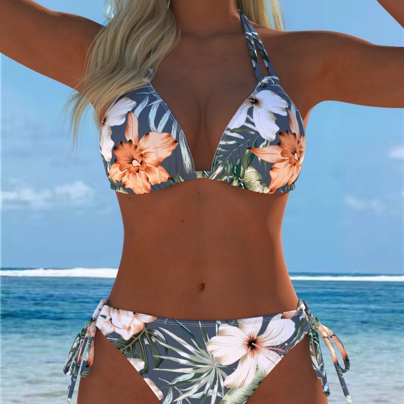 Maillot de bain femme, ensemble deux pièces amincissant à lacets, imprimé floral, pour la plage, collection été élégante