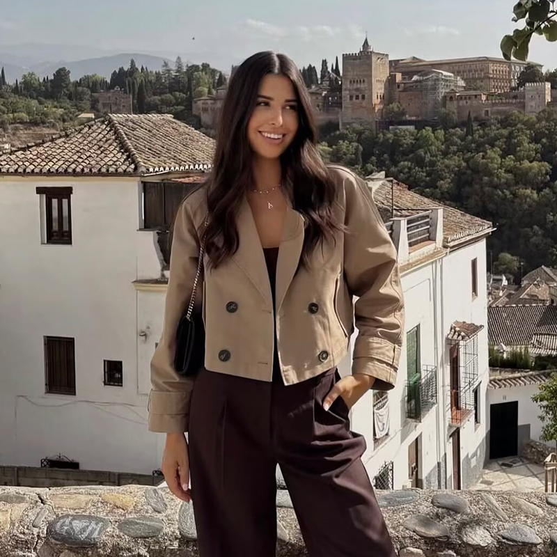 Trench-Coat court à Double boutonnage pour femmes, col rabattu, manches longues, manteaux Vintage, vêtements d'extérieur chics