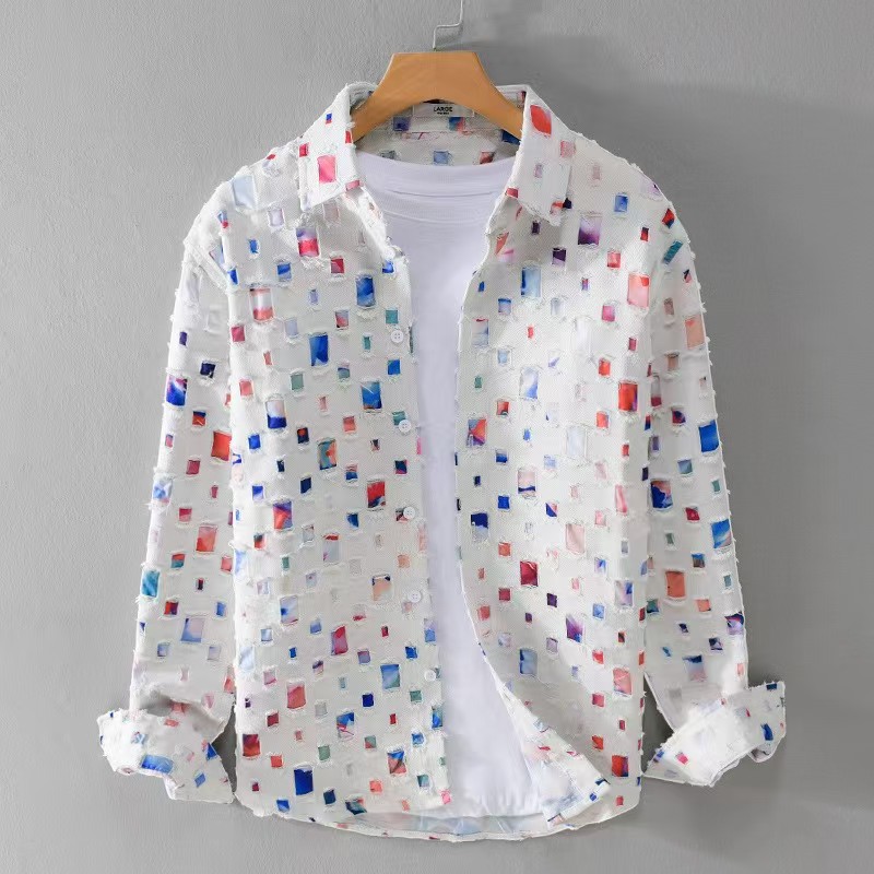 Chemise à col rabattu pour hommes, manteau imprimé à trous cassés, hauts à manches longues, amples, à la mode, chemises de haute qualité, printemps-automne