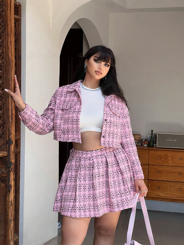 Ensemble deux pièces en tweed pour femmes grandes tailles : blazer court et mini-jupe – Parfait pour les tenues décontractées, les rendez-vous et les soirées