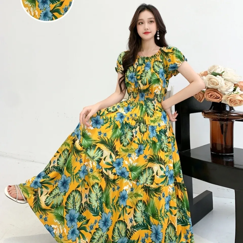 Robes en coton et soie pour femmes, nouvelle robe imprimée taille haute, Slim, en coton artificiel, longue, style bohème, à fleurs, été 2025