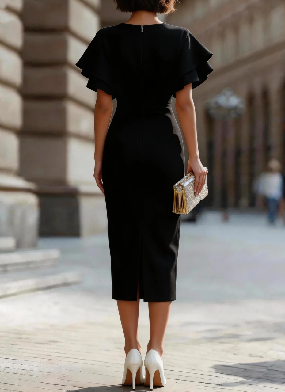 Robe midi élégante à manches à volants pour femme, coupe ajustée, moulante, pour soirée, mariage, invitées, cérémonie, soirée formelle