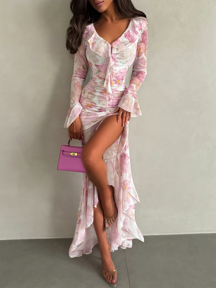 Robe longue pour femme à col en V, imprimé orange, avec ceinture et fente, sexy et chic, à volants, manches courtes, pour soirée, fête ou vacances
