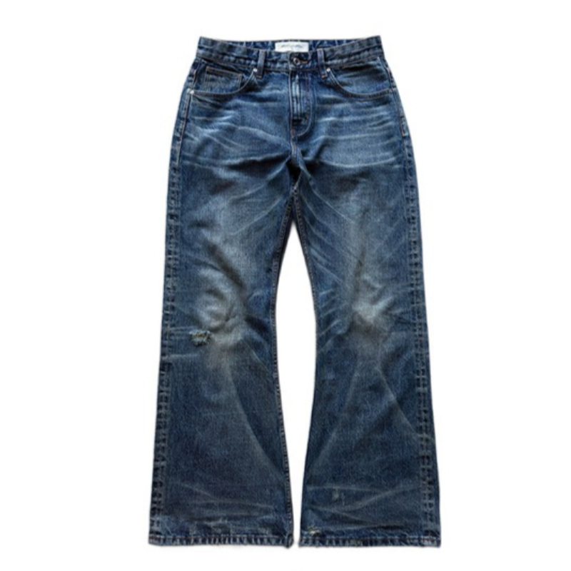 Jean pour homme vintage délavé et déchiré, coupe évasée, style Harajuku unisexe, coupe ample, effet moustaches de chat, effet froissé, coupe bootcut, streetwear Y2K, nouveauté