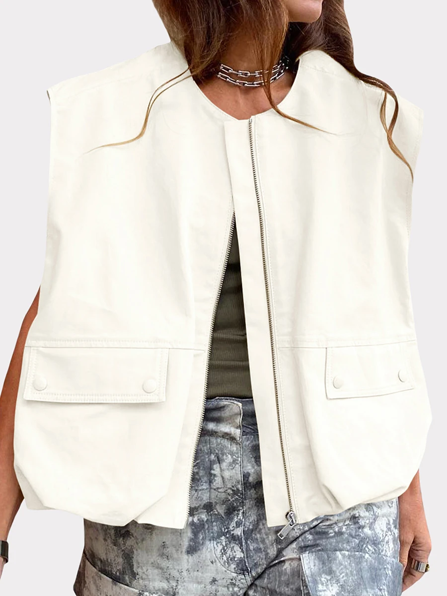Gilets cargo à col rond pour femmes, gilet à fermeture éclair en fibre, poche féminine, streetwear décontracté, mode automne, 2024