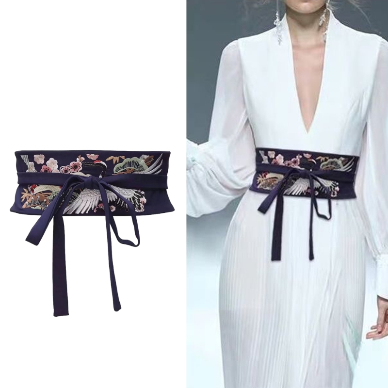 Ceinture Hanfu chinoise large ceinture à nouer avec artisanat de grue de broderie chinoise
