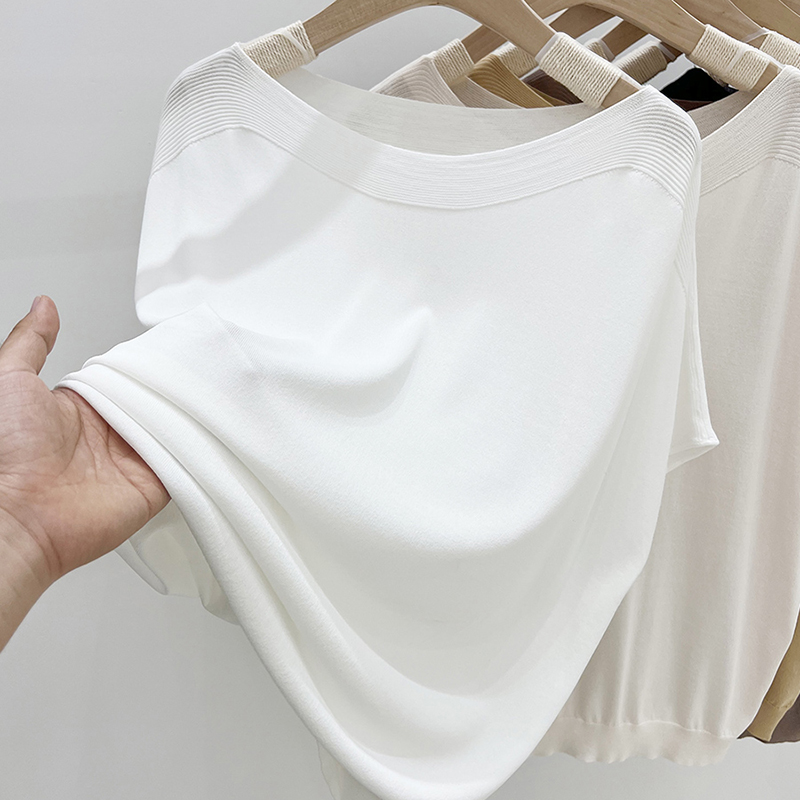 Vêtements pour femmes couleur unie glace soie tricoté T-shirt à manches courtes femmes été ample et mince manches chauve-souris haut de style étranger