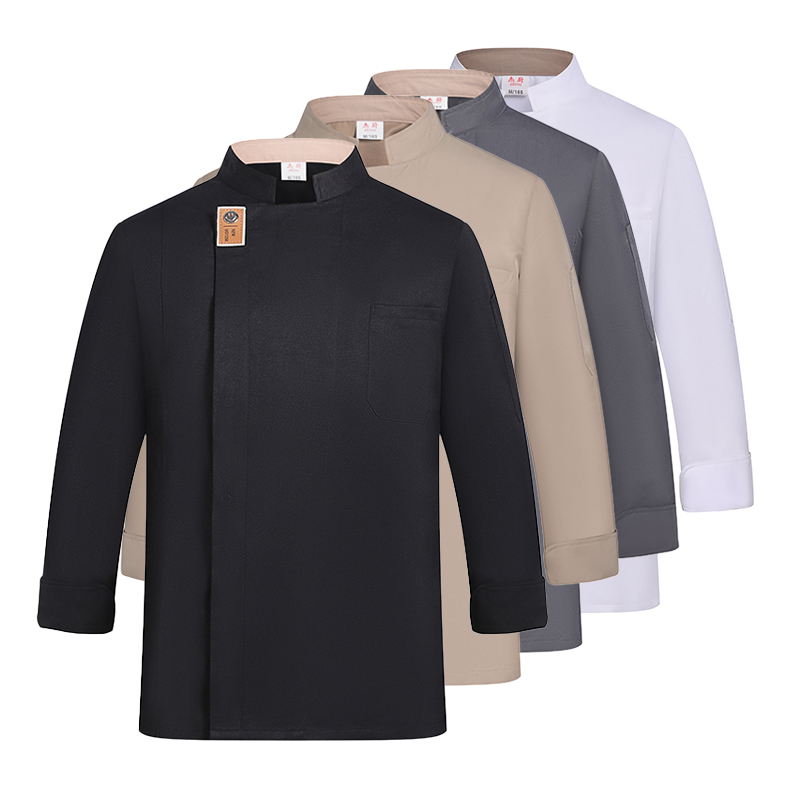 Veste de chef professionnelle à manches longues, vêtements de travail de cuisine durables avec poches, uniforme respirant noir pour le personnel de restaurant, café, restauration