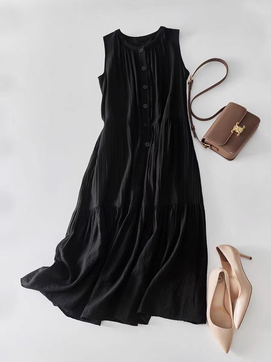 Robe noire pour femme, nouvelle collection été, style coréen, chic, élégante, à col rond, mi-longue, décontractée, à simple boutonnage