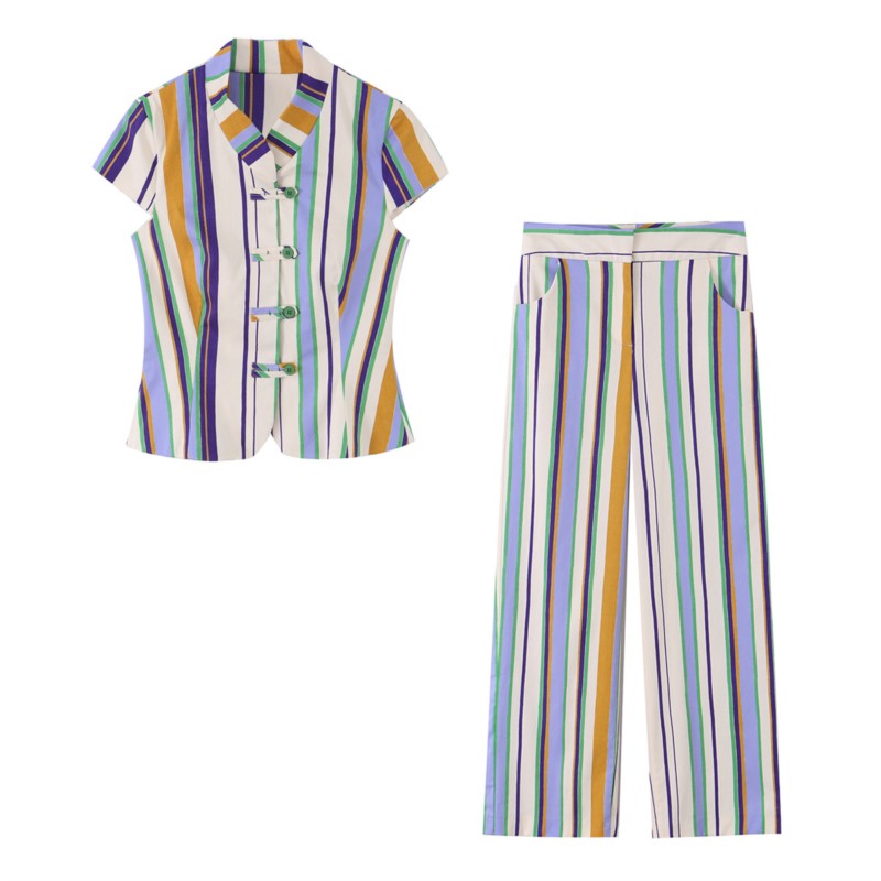 Ensemble 2 pièces décontracté pour femme : Haut à col rond et manches courtes avec nœud, pantalon rayé taille mi-haute à jambe droite