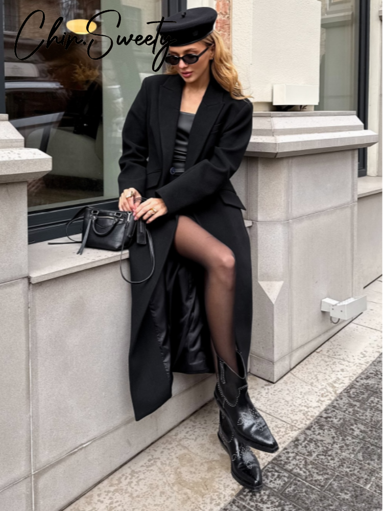 Manteau en laine élégant pour femmes, noir, simple bouton, col montant, Slim, longs manteaux, automne hiver 2021, Chic, Streetwear féminin, nouveau