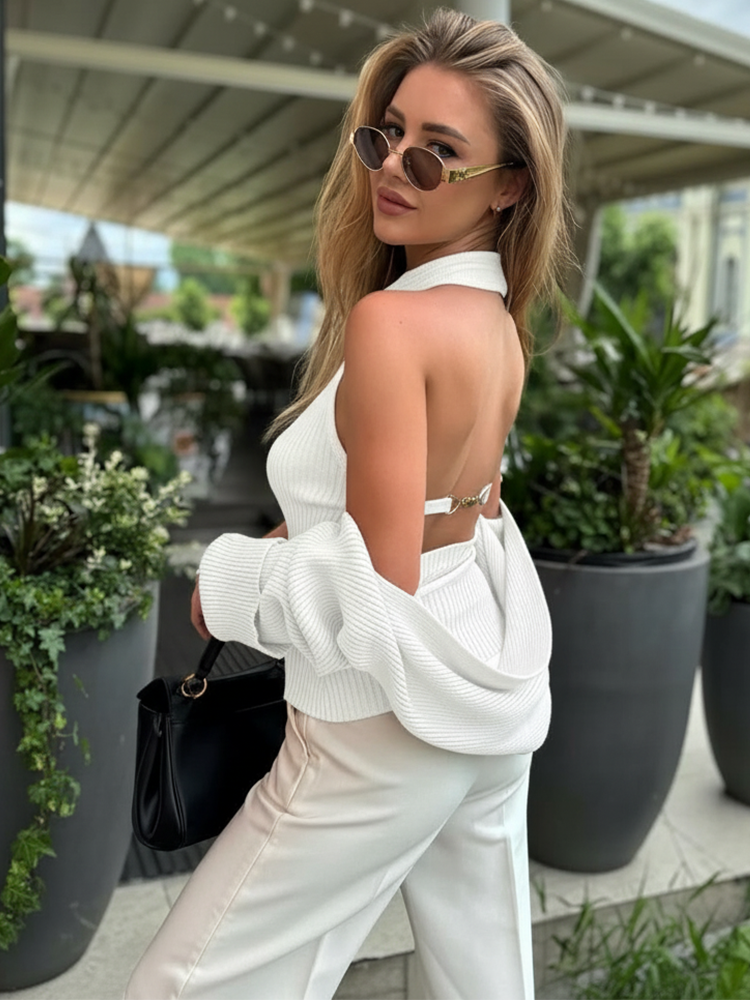 Ensemble de gilets tricotés sans dos à col roulé blanc pour femme, élégant, avec cape en maille, vêtements blancs 2026, gris, noir, bleu, automne
