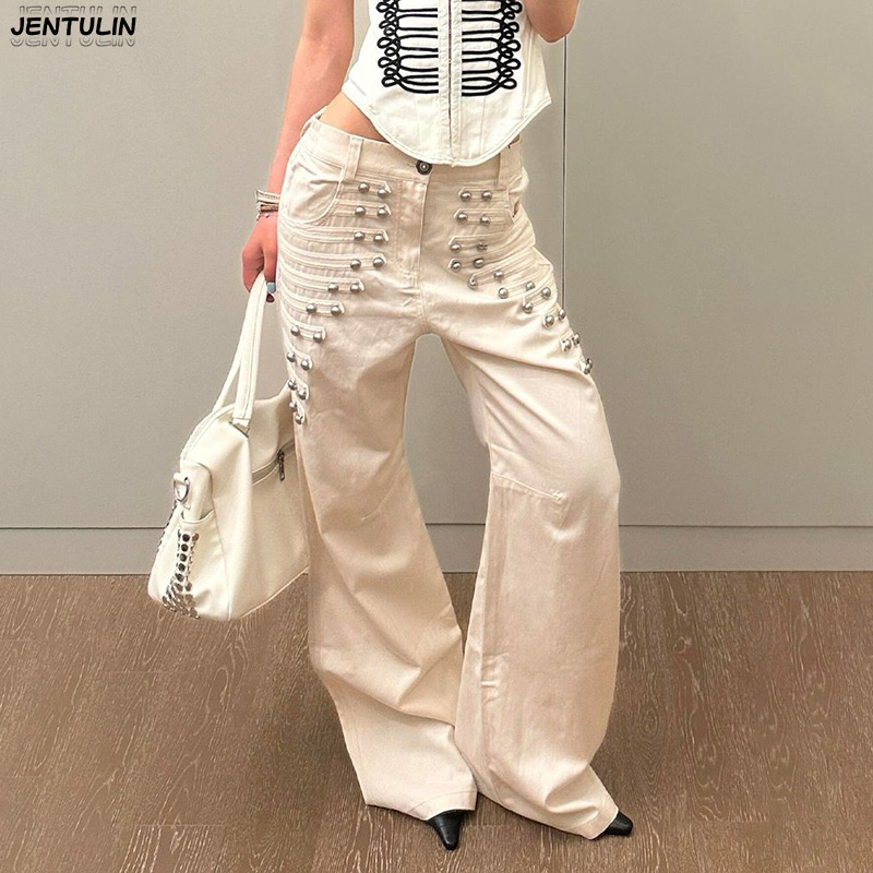 Pantalon en jean pour femme, style rétro américain, avec boucle métallique, nouvelle collection été, coupe ample et large, longueur au sol, style urbain et séduisant