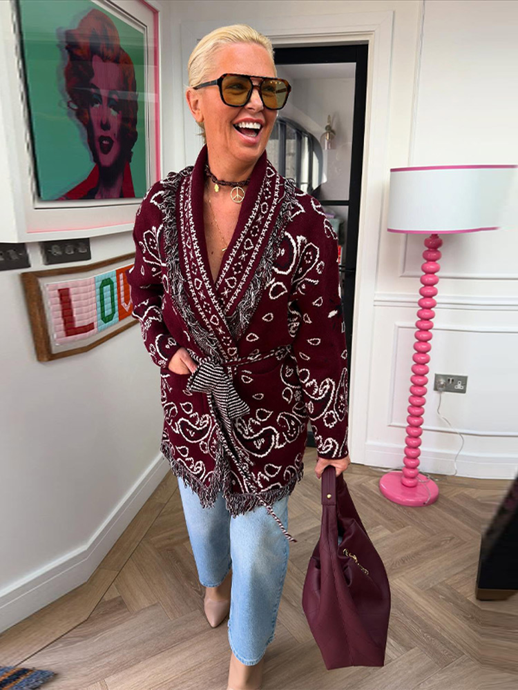 Cardigan en tricot imprimé Boho pour femmes, haut à franges, ceinture, pull à manches longues, manteau à lacets, nouvelle tenue d'extérieur de rue, 2025
