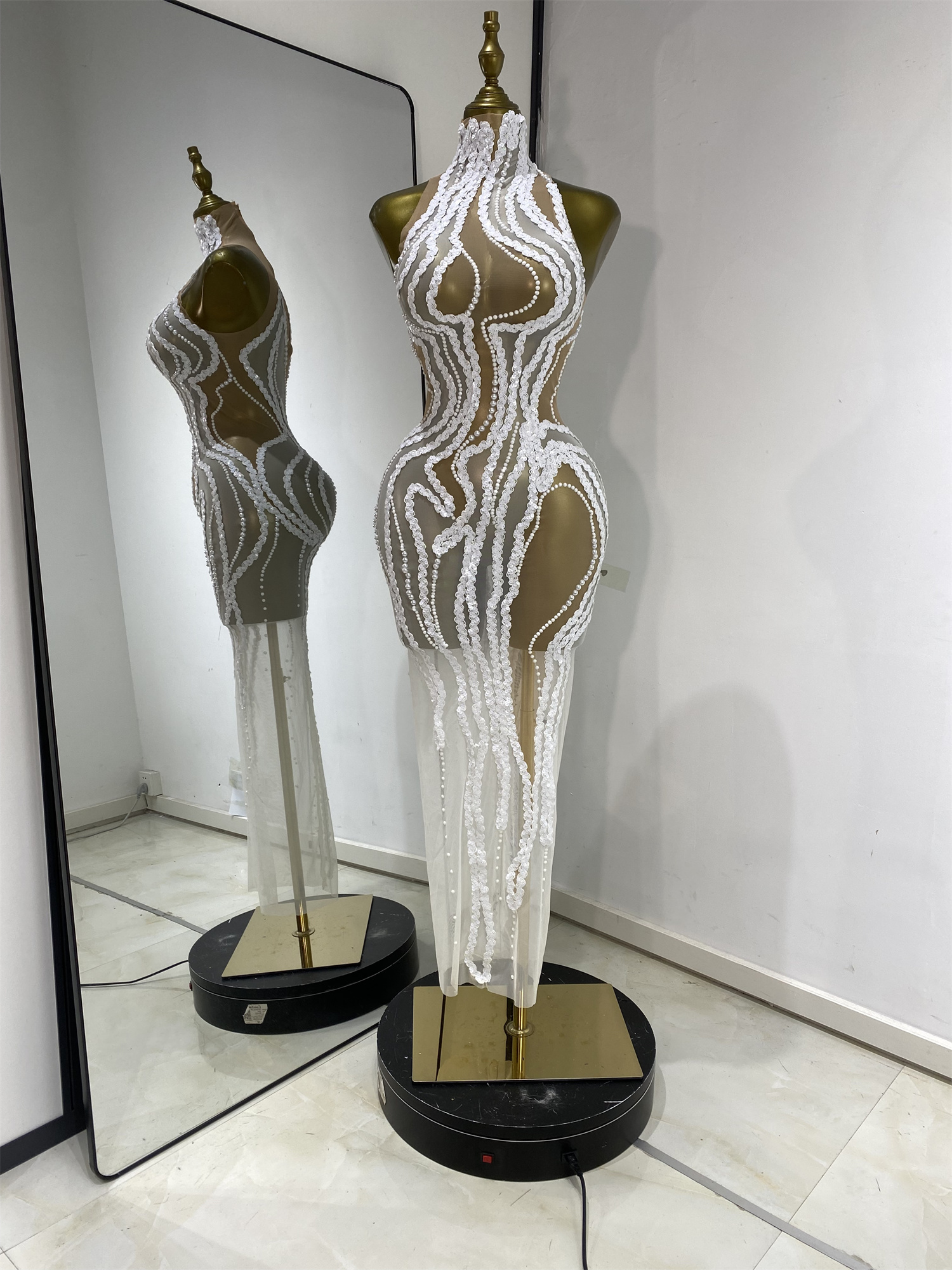 Robe de soirée pour femme, sexy, à paillettes, perles, transparente, longue, pour anniversaire, boîte de nuit, séance photo, soirée