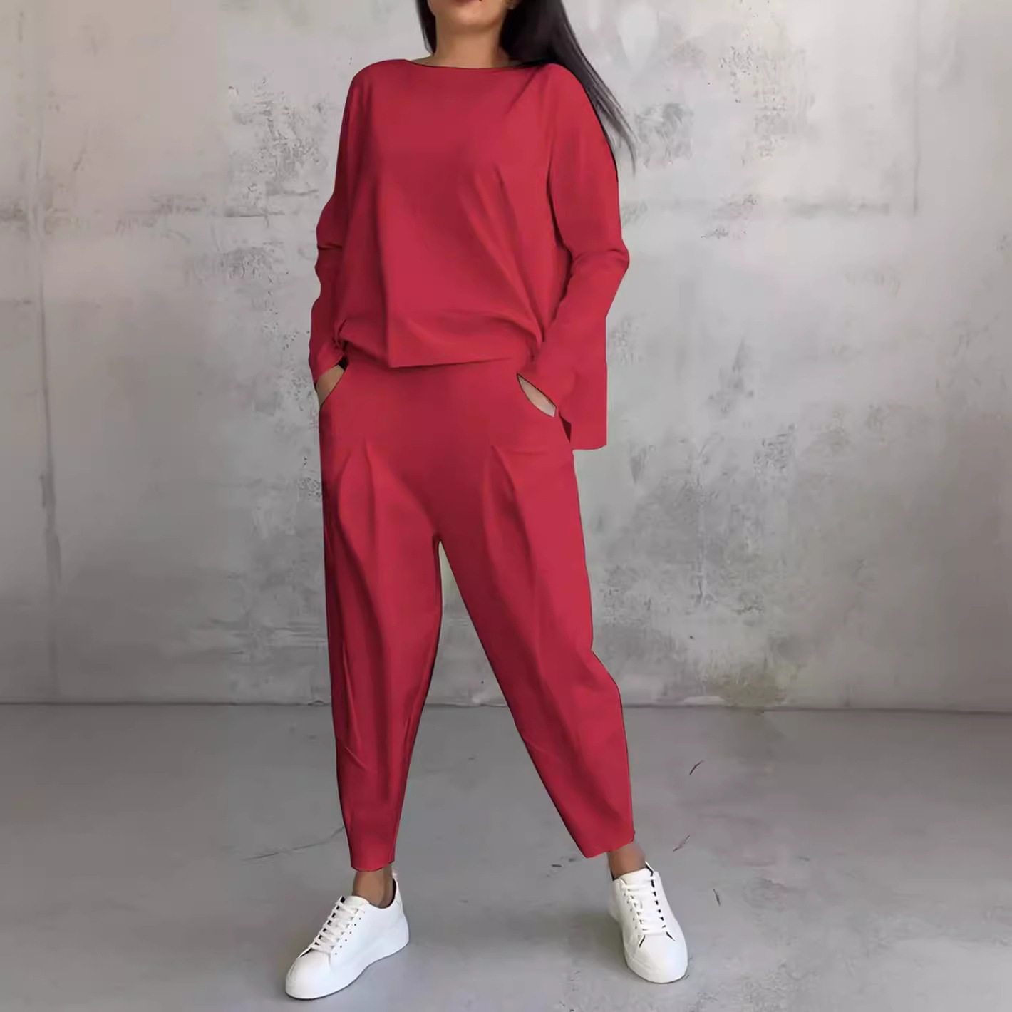 Ensemble de survêtement pour femme, 2 pièces, col rond, manches longues, t-shirt ample, pantalon uni avec poches, style décontracté