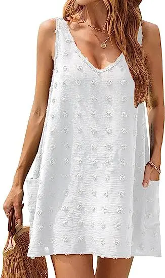 Robe de plage pour femmes, col en v, gilet ample, bretelles avec poche, T-Shirt à pompon, sans manches, longueur au sol, taille