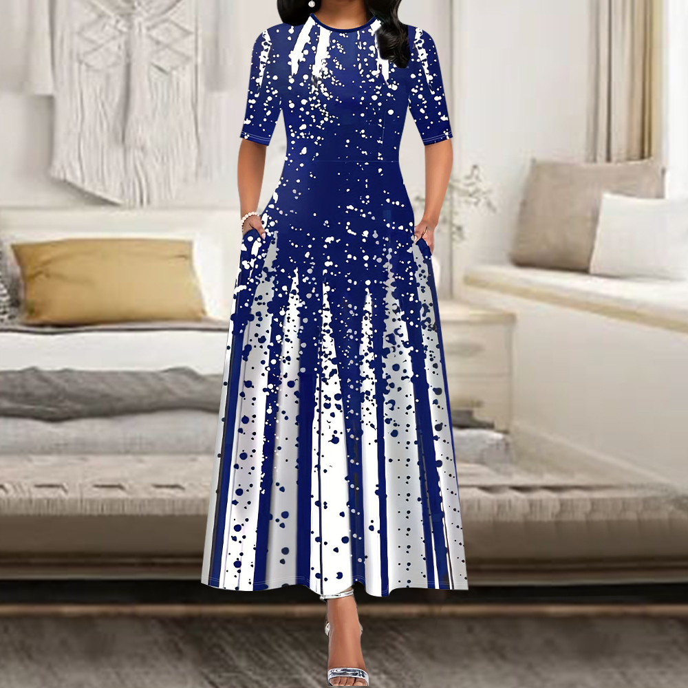 Robe longue de soirée élégante pour femmes, col rond, manches courtes, rétro, imprimé, décontracté, 2024