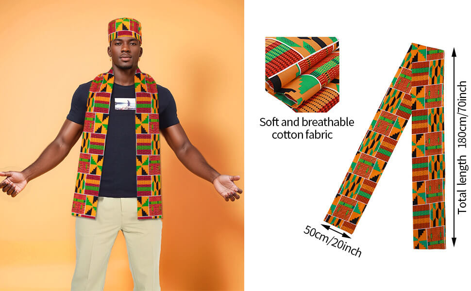 Chapeau Kufi à motif de Kente africain et châle à ceinture étole pour tenues de fête de l'histoire des noirs africains