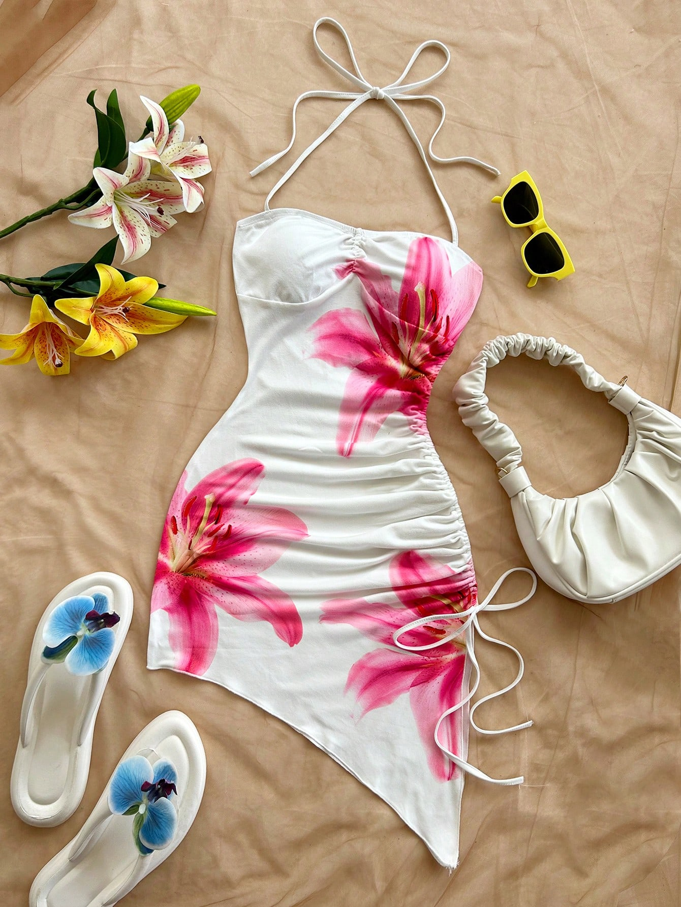 Robe à imprimé Floral pour femmes, vacances à la plage, ourlet asymétrique, col licou, nœud moulant, style Boho, robes courtes, Streetwear, 2025