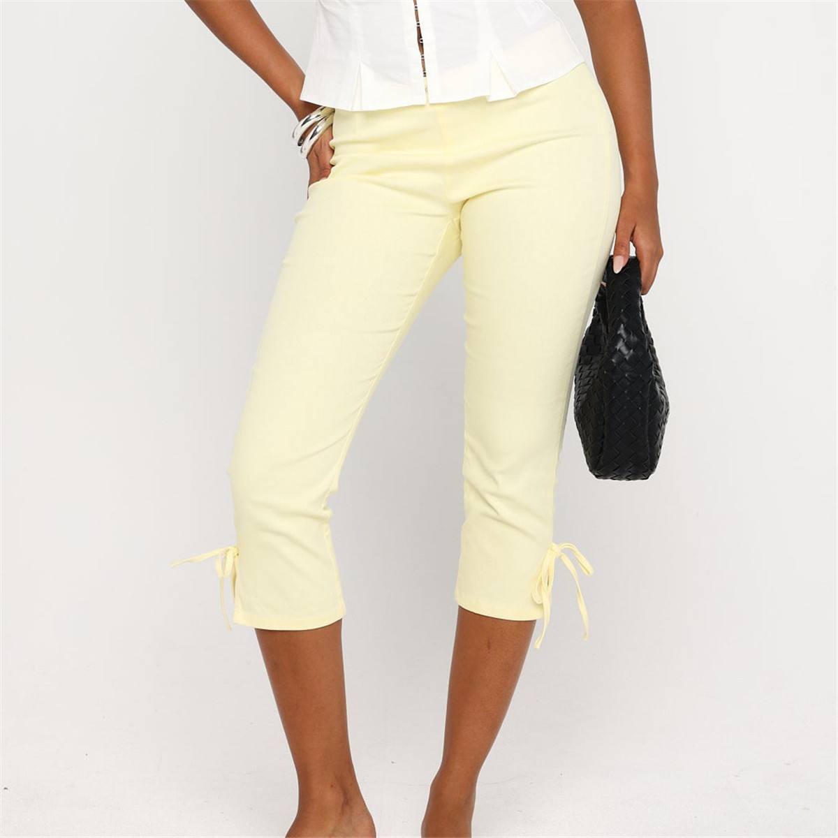 Pantalon court élégant pour femme, bleu foncé, coupe ajustée, avec liens latéraux, taille mi-haute, décontracté et extensible