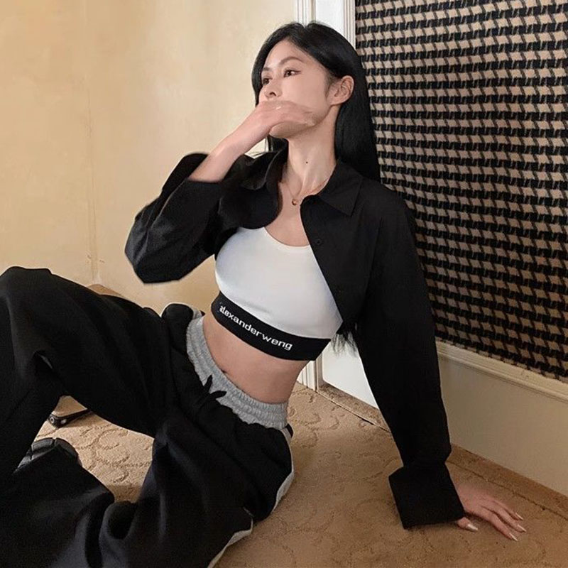 Chemises Super courtes pour femmes, Streetwear, taille haute, manches longues, couleur unie, hauts courts assortis, nouvelle mode d'été