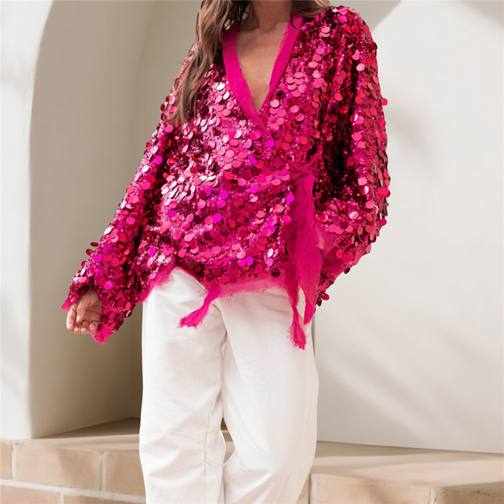 Cardigan à paillettes brillantes pour femmes, tendance, col en V, cravate sur le devant, manteau à manches longues, pull scintillant à la mode, Punk