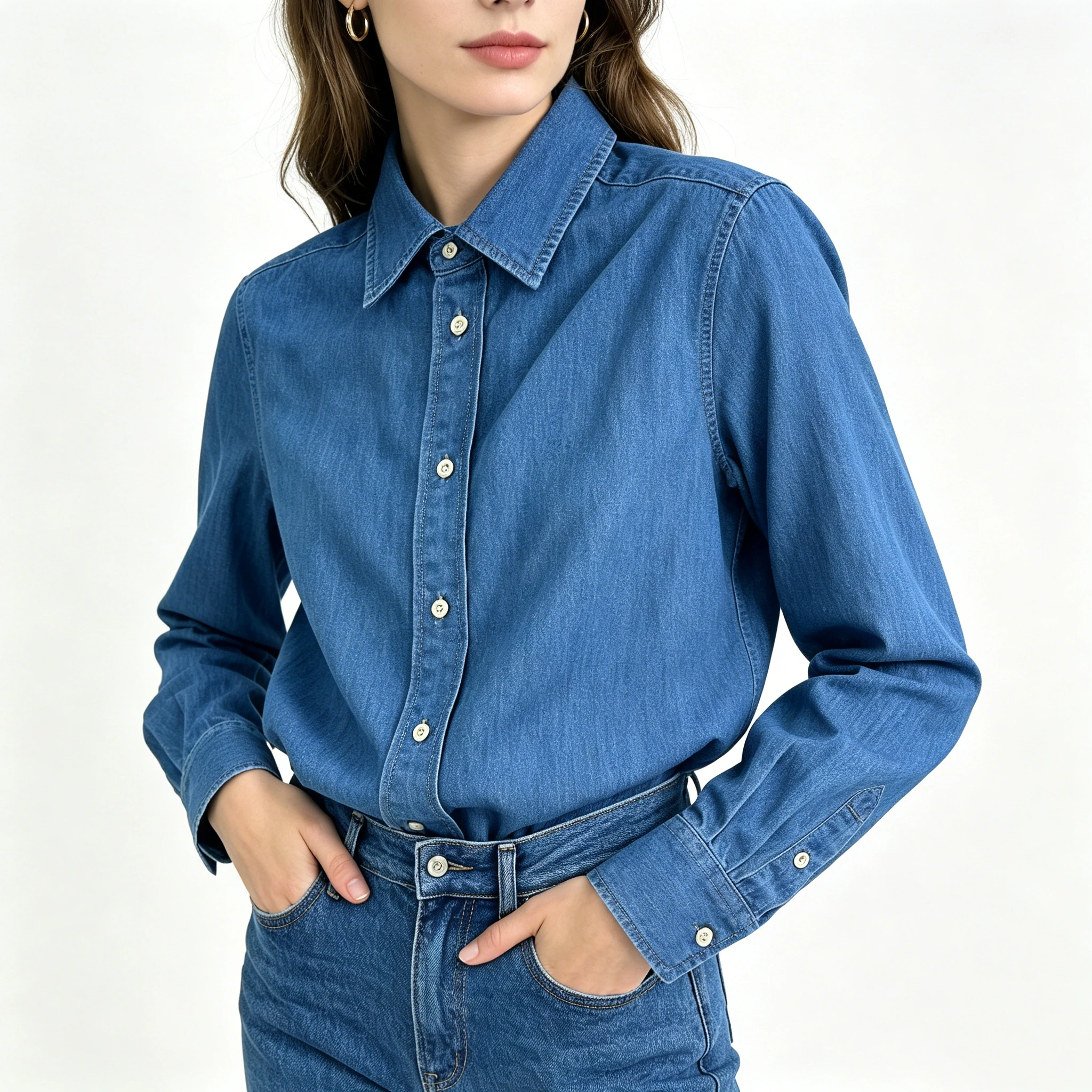 Chemise en jean pour femme, chemisier brodé classique style Old Money