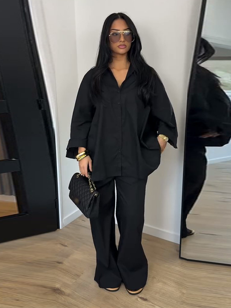 Ensemble décontracté chemise et pantalon pour femme, col rabattu simple boutonnage, haut et pantalon taille haute à jambes larges, nouvelle collection été 2026